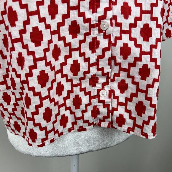 Shade & Shore Button Down Shirt Women Large Red White Graphic Short Sleeve Top - Picture 7 of 13